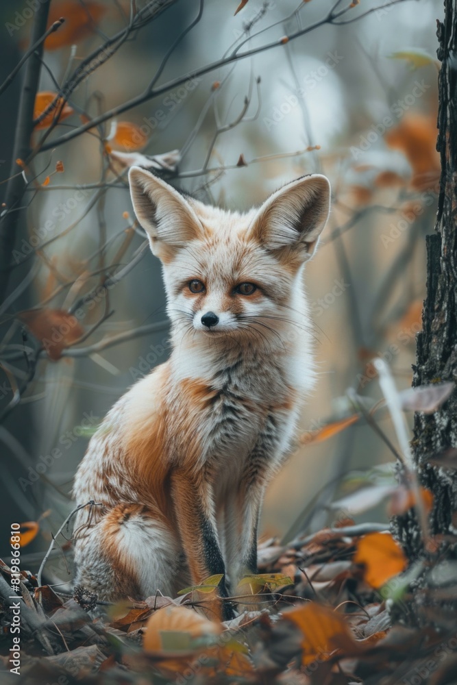 A fox sitting in the leaves in the woods. Ideal for nature-themed designs A fox sitting in the leaves in the woods. Ideal for nature-themed designs