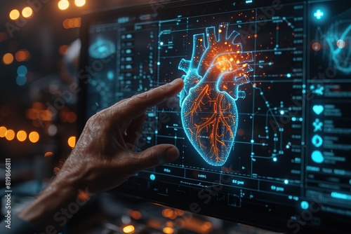 Cardiologist doctor examine patient heart functions and blood vessel on virtual interface Medical technology and healthcare treatment to diagnose heart disorder and disease of cardiovascular system
