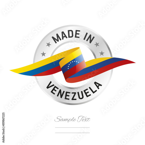 Made in Venezuela. Venezuela flag ribbon with circle silver ring seal stamp icon. Venezuela sign label vector isolated on white background