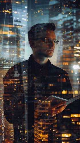 A man is standing in front of a city skyline  holding a tablet and looking at it