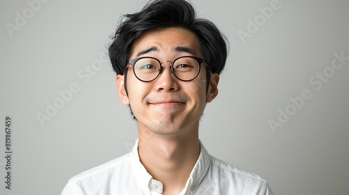 Amusing Asian Man in Casual Work Attire with Hilarious Expression - Genuine Lifestyle Shot