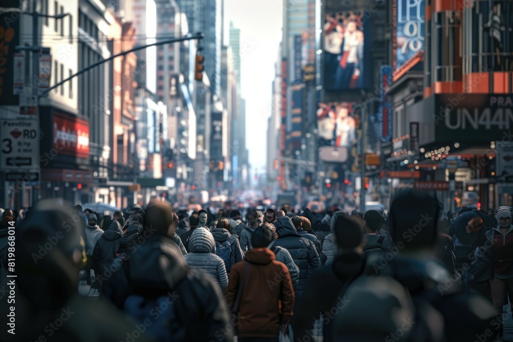 A large group of people walking down a city street. Suitable for urban lifestyle concepts A large group of people walking down a city street. Suitable for urban lifestyle concepts