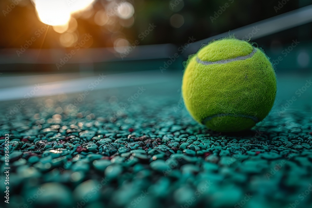 Close-up of a tennis ball on a textured blue-green colored court with sunlight