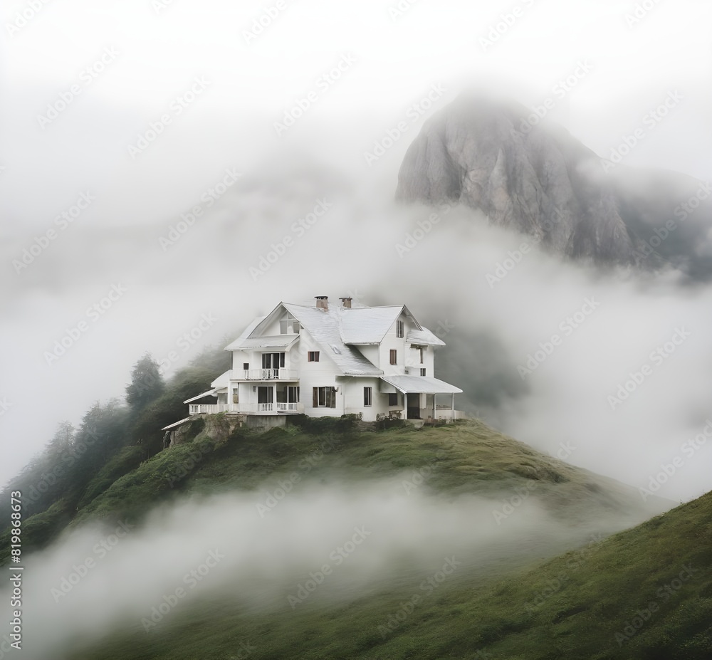 Isolated house in the mountains beautiful foggy natural view Isolated house in the mountains beautiful foggy natural view