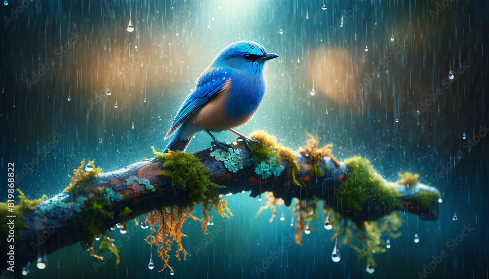 Fototapeta premium A vibrant blue bird perched on a branch during a gentle rain. The bird, with its feathers in various shades of blue