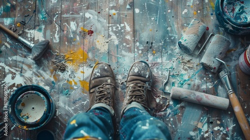 Artist's Feet Amidst Creative Mess photo