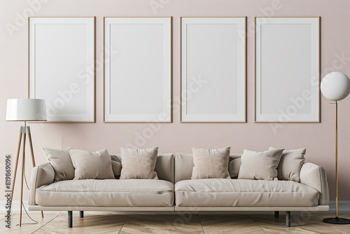 Four blank horizontal poster frames in a Scandinavian style living room interior with a pastel pink theme. Frames are staggered above a modern sofa and beside a floor lamp.