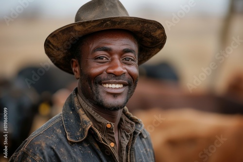 An African male cowboy with a welcoming smile, highlighting his work attire and the ranch setting