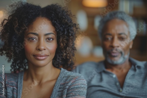 A thoughtful couple's portrait with the focus on the woman's calm expression in the foreground