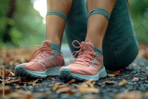 A pair of pink running shoes worn by someone, standing on a path covered in leaf litter
