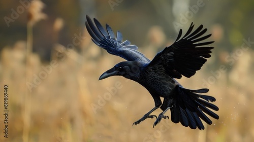 A black bird flying in the air over a field, AI © starush