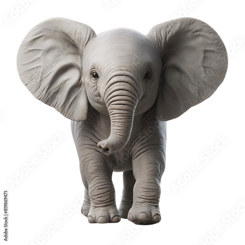 Realistic 3D rendering of a baby elephant standing frontally on a transparent background. The elephant has large ears  a curled trunk  and deep wrinkles
