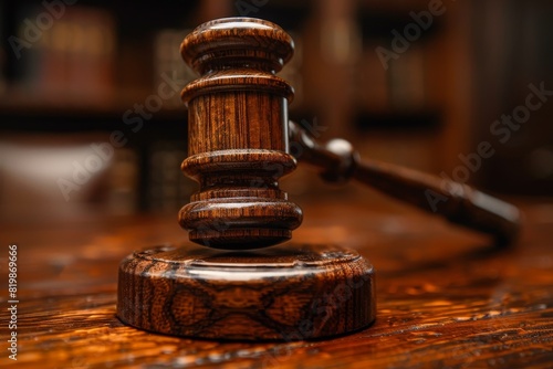 Detailed close-up of a judge's gavel on a rustic wooden table, emphasizing textures