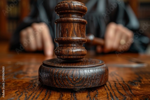 High-quality image of a wooden judge's gavel on a table with a blurred person in the background