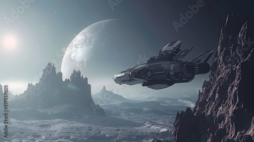 A spaceship is flying through a desolate, rocky landscape