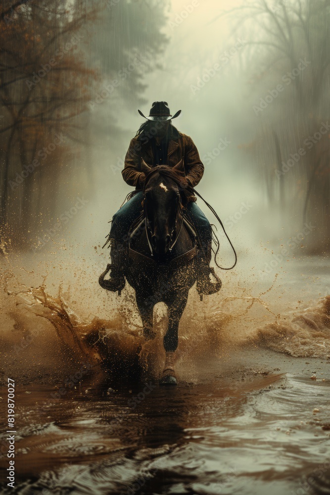 Naklejka premium A man riding a horse through the water in front of trees, AI