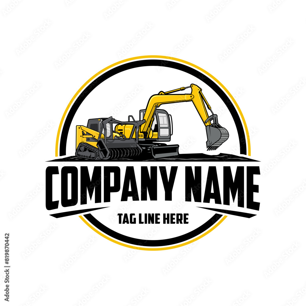 Skid steer loader, mulching machine illustration, Land Clearing Mulcher vector art, excavator company logo vector image Skid steer loader, mulching machine illustration, Land Clearing Mulcher vector art, excavator company logo vector image