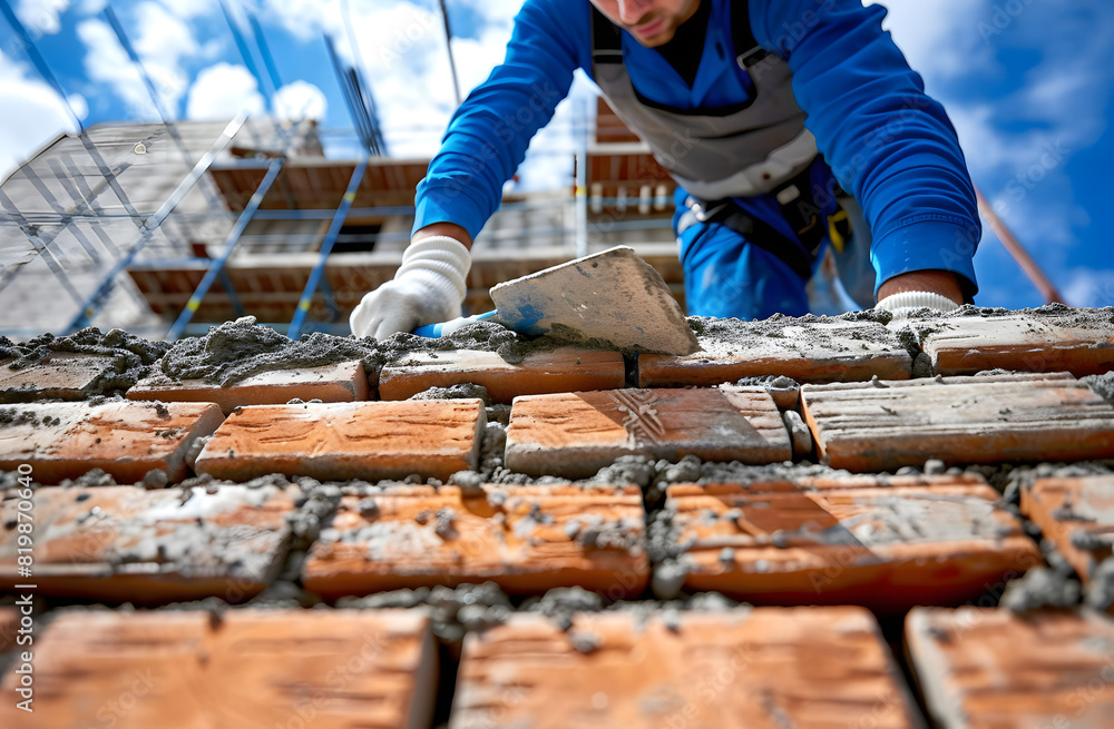 Fototapeta premium Bricklayer working on a wall of bricks and cement, structure foundation bricklaying