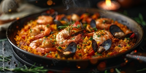 A traditional Mediterranean paella recipe, brimming with seafood, saffron-infused rice, and aromatic spices. photo