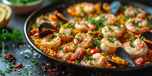 A delectable seafood paella, featuring shrimp, mussels, and squid, bursting with Mediterranean flavors.