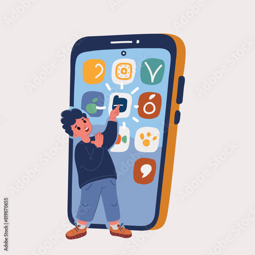 Cartoon vector illustration of little kid use smartphone for communication