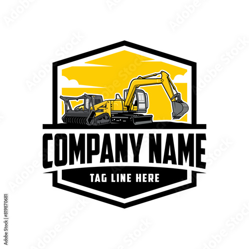  Skid steer loader, mulching machine illustration, Land Clearing Mulcher vector art, excavator company  logo vector image