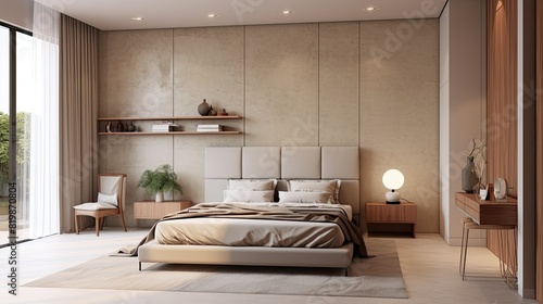 Minimalist interior design of modern bedroom with beige stucco wall