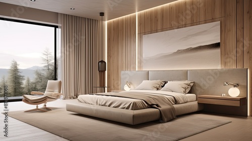 Minimalist interior design of modern bedroom with beige stucco wall