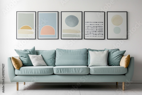 Scandinavian simplicity with a soft seafoam sofa and five horizontal poster frames, displaying minimalist Scandinavian designs, on a clean white wall. photo