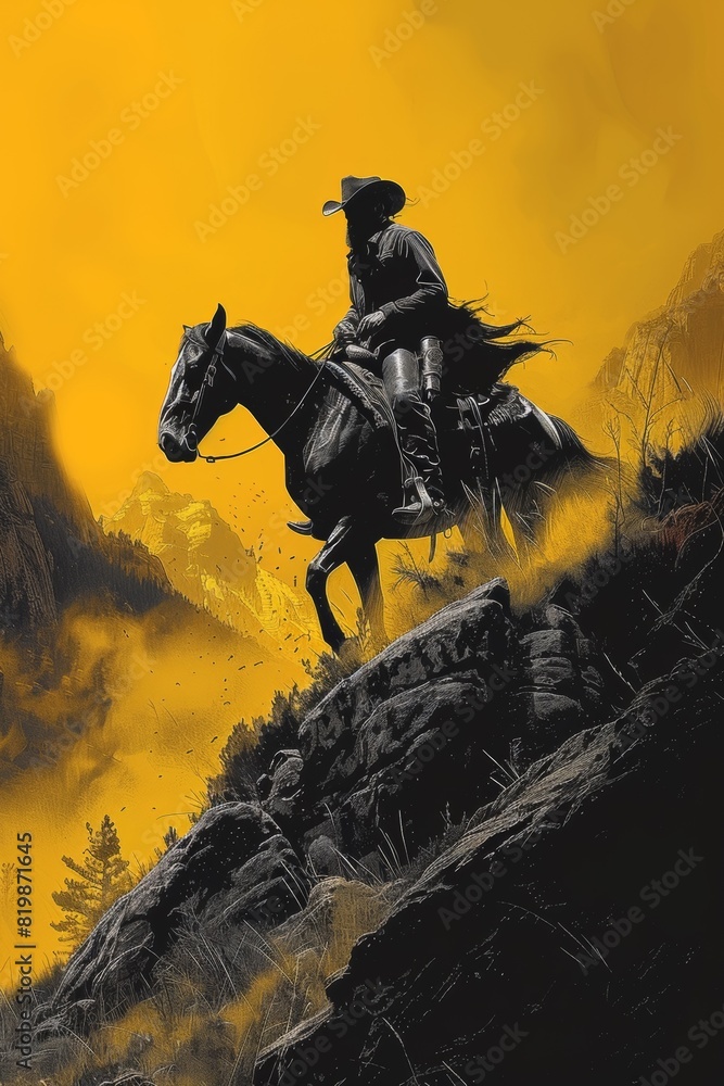 Fototapeta premium A man riding a horse on top of the mountain, AI