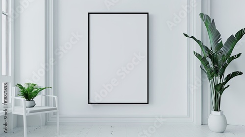 Minimalist interior with blank empty poster on wall, clean and elegant photo