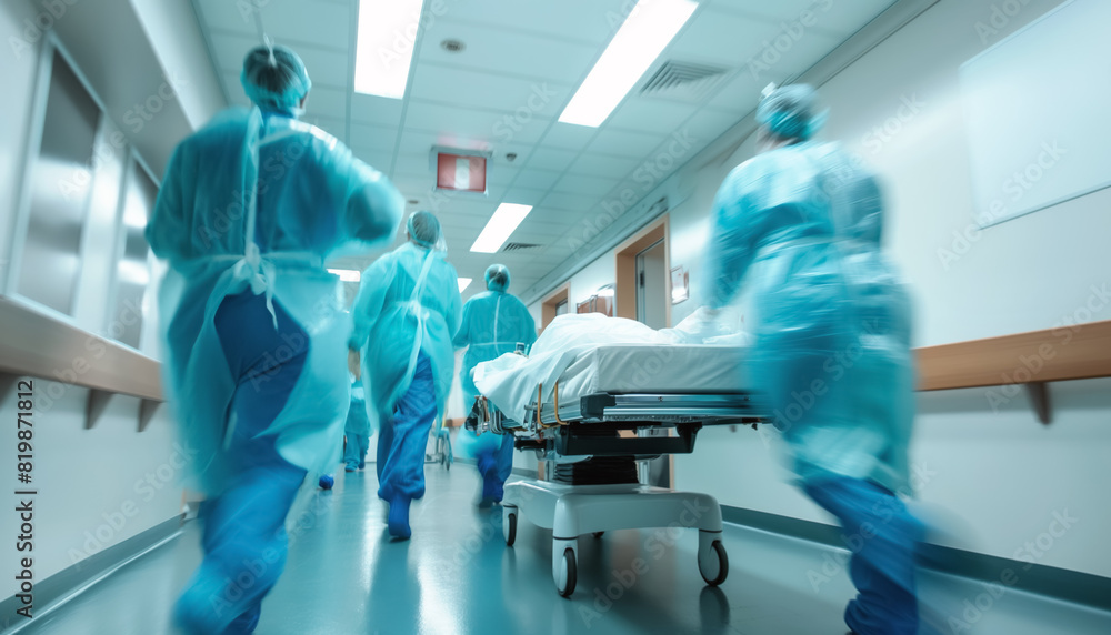Doctors and medical staff transporting patient on stretchers in hospital. Photo from behind with motion blur to emphasise action and urgency. Generative AI