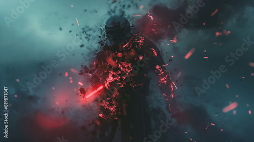 Amidst a night-time battlefield, an unidentified warrior with a red lightsaber stands fiercely, futuristic armor glowing in the intense red light, surrounded by flying sparks and debris. photo