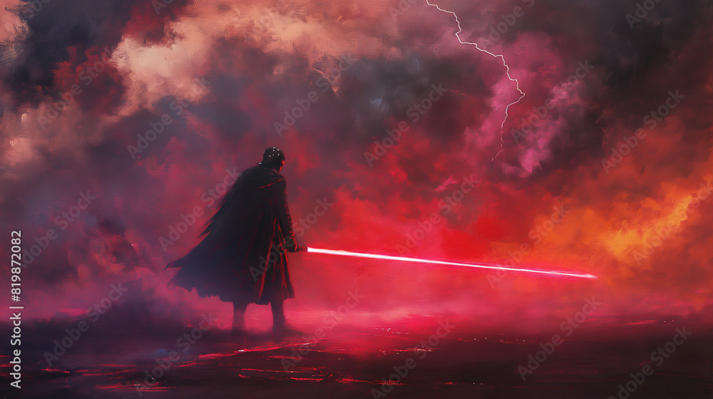 A mysterious warrior with a red lightsaber, clad in a combination of traditional and futuristic armor, the red light illuminating against a stormy sky. A mysterious warrior with a red lightsaber, clad in a combination of traditional and futuristic armor, the red light illuminating against a stormy sky.