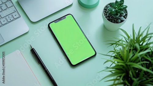 mobile phone with green colored screen and colored table background