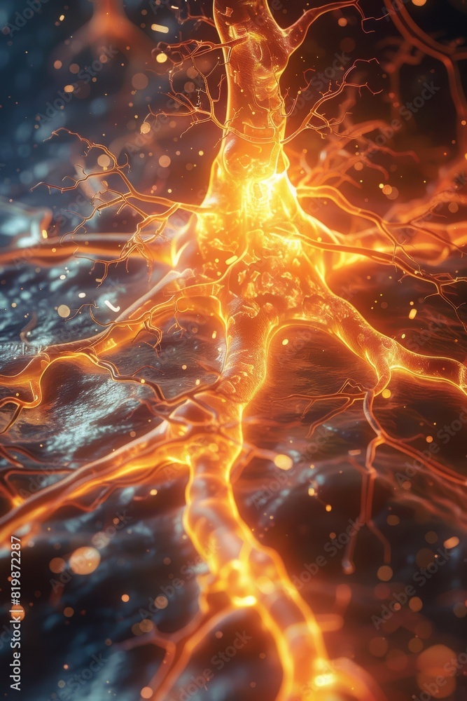 A close up of a glowing orange nerve in the dark, AI A close up of a glowing orange nerve in the dark, AI