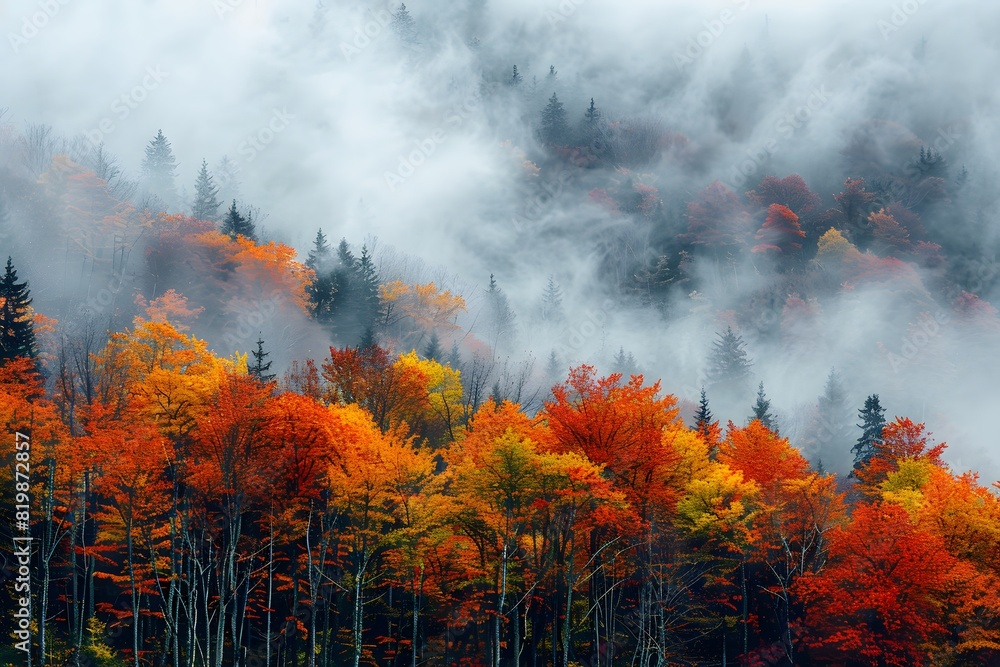 Autumn Forest with Vibrant Foliage and Misty Morning Fog - Perfect for Nature Prints and Seasonal Greeting Cards