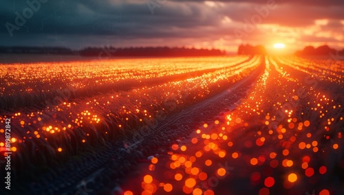 stunning sunset over a vast field with glowing lights  creating a magical and futuristic atmosphere. The field appears to be covered in illuminated dots