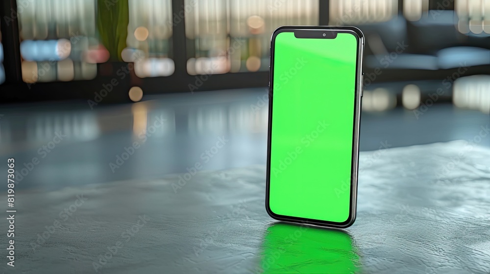 Minimalist and Modern: Mobile Phone with Green Screen on Wooden Table Minimalist and Modern: Mobile Phone with Green Screen on Wooden Table