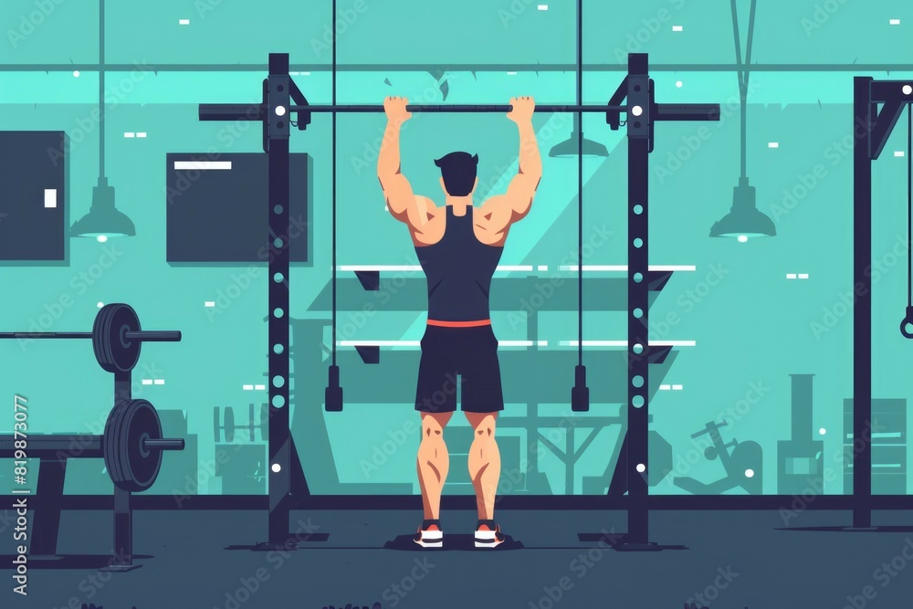 Naklejka premium A man performing a pull up exercise in a gym. Suitable for fitness and workout concepts