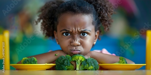 Close-up of a displeased African girl rejecting broccoli with a picky eater's disgusted expression. Concept Food Reaction, Picky Eater, Displeased Expression, African Girl, Broccoli