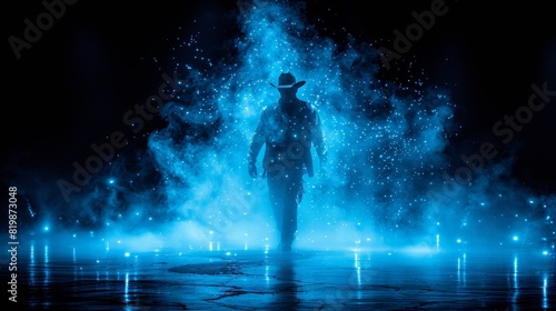 A man in a cowboy hat standing next to blue smoke, AI