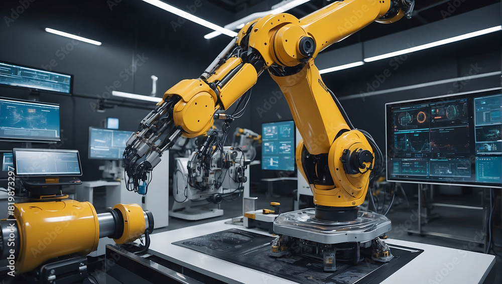 An industrial robotics setup, featuring two white robotic arms with orange joint details, working in the background. The scene captures the modern automation and precise machinery used in advanced man An industrial robotics setup, featuring two white robotic arms with orange joint details, working in the background. The scene captures the modern automation and precise machinery used in advanced man