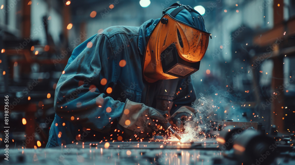 Skilled worker welds metal components in workshop, sparks fly Skilled worker welds metal components in workshop, sparks fly