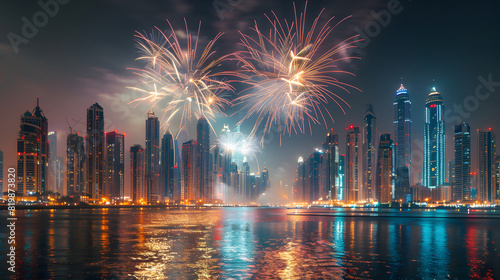 A city skyline is lit up with fireworks, creating a festive