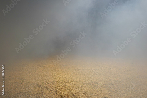 Photography Malted barley grains with smoke around it in a distillery kiln in Scotland