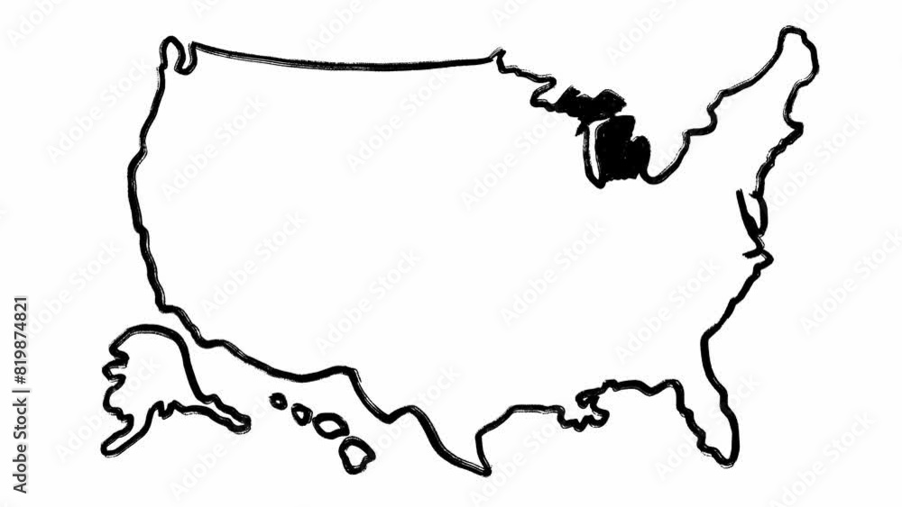 Hand drawn animated map of Michigan and the USA made in scribble style filmed on white background. Stop motion of American outline borders and one of districts. Template for making educational poster. Hand drawn animated map of Michigan and the USA made in scribble style filmed on white background. Stop motion of American outline borders and one of districts. Template for making educational poster.