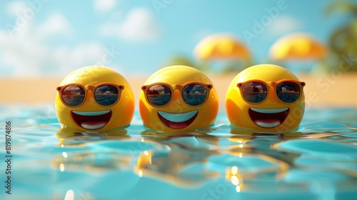 Three yellow objects with sunglasses in the water, AI
