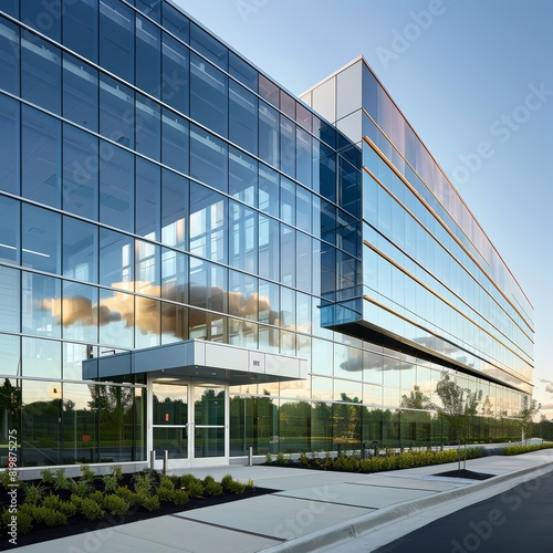 The photo shows a modern office building with a glass facade.