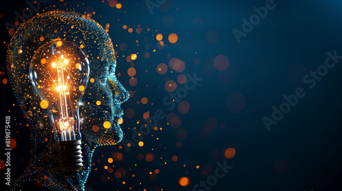 Side view of young man brain and thinking concepts. Man holding light bulbs, ideas of new ideas with innovative technology and creativity. concept creativity with bulbs that shine glitter. Brain